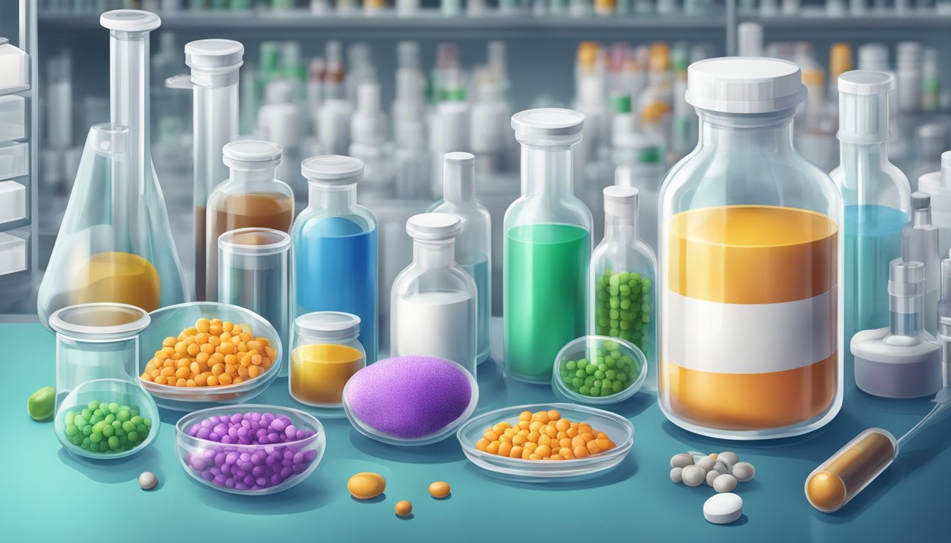 A vial of semaglutide surrounded by various other pharmaceutical ingredients and equipment in a sterile laboratory setting