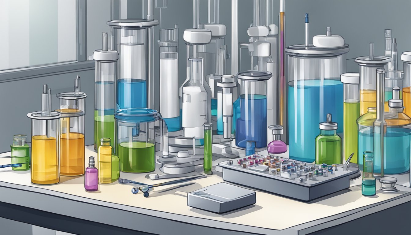 A laboratory setting with vials, syringes, and medical equipment for administering weight loss injections