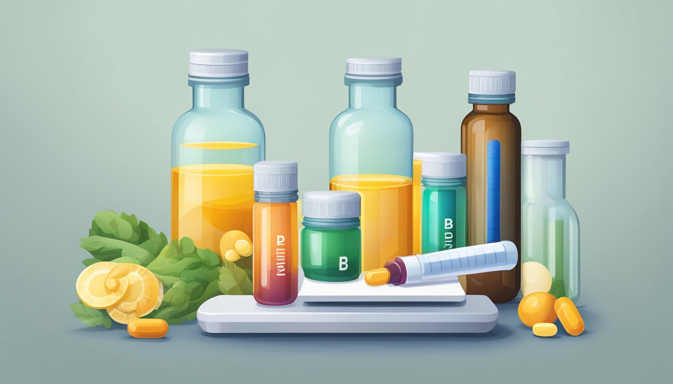 A vial of Vitamin B12 injection surrounded by various vitamin supplements and a scale