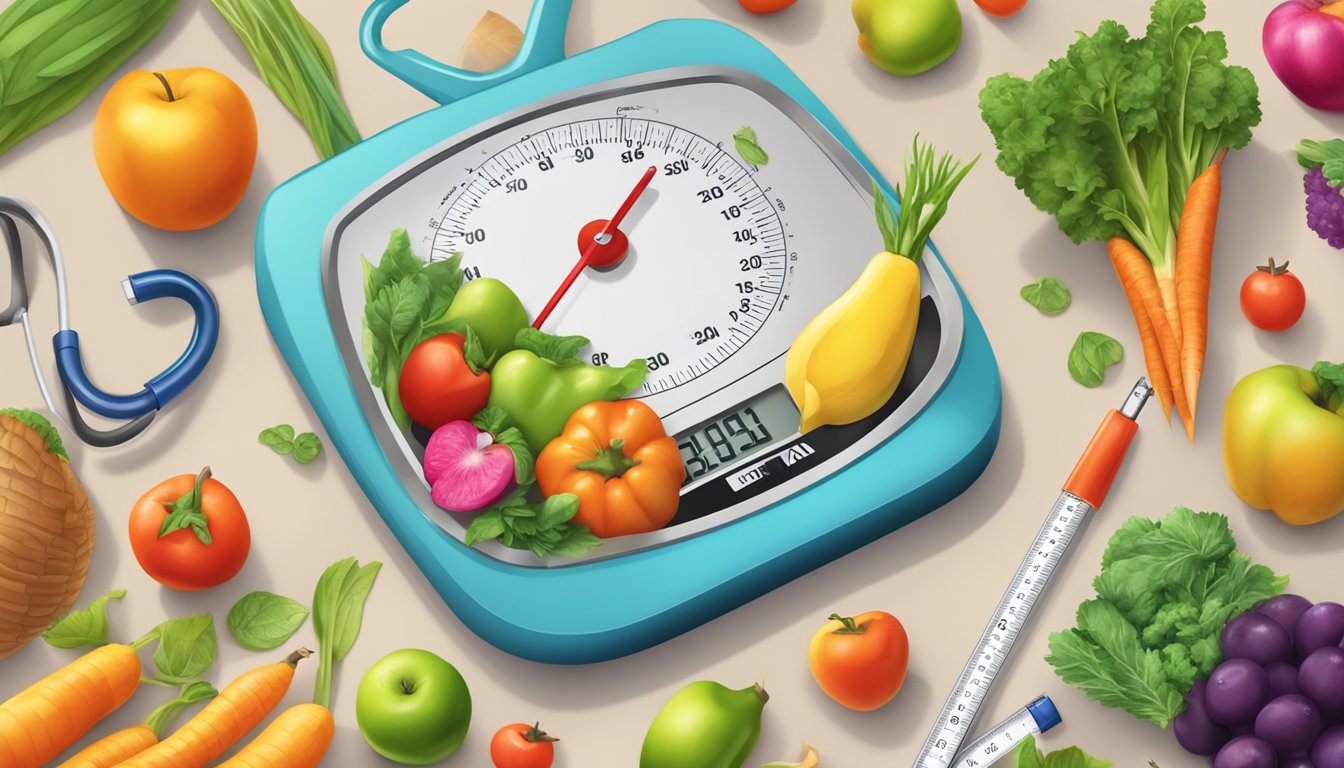 A vibrant scene with a syringe injecting a healthy lifestyle symbol into a weight scale surrounded by exercise equipment and fresh produce