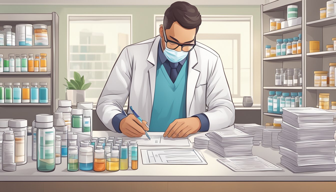 A pharmacist preparing labeled vials of weight loss injection compounds, surrounded by regulatory documents and prescription forms