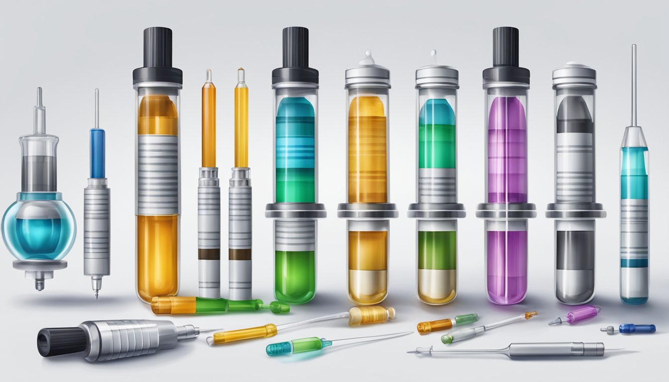 A collection of various vials and syringes containing different types of weight loss injections displayed on a sterile white surface