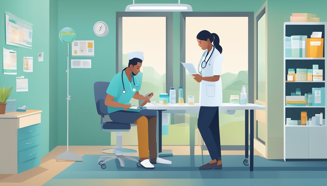 A doctor's office with a sterile, clinical atmosphere. A nurse prepares a syringe while a patient looks over pamphlets