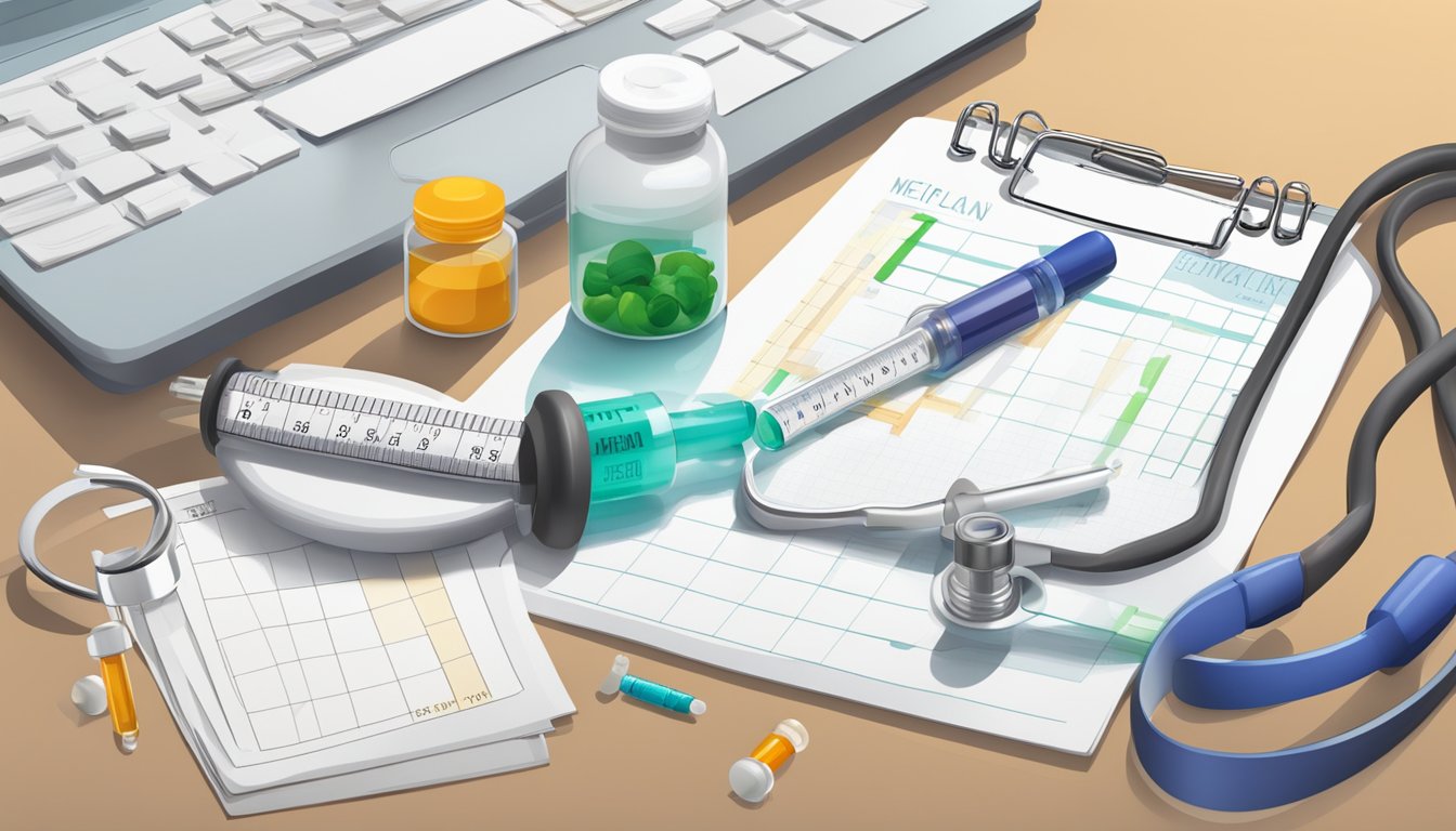 A table with a vial, syringe, and weight loss medication, alongside a diet plan and exercise equipment