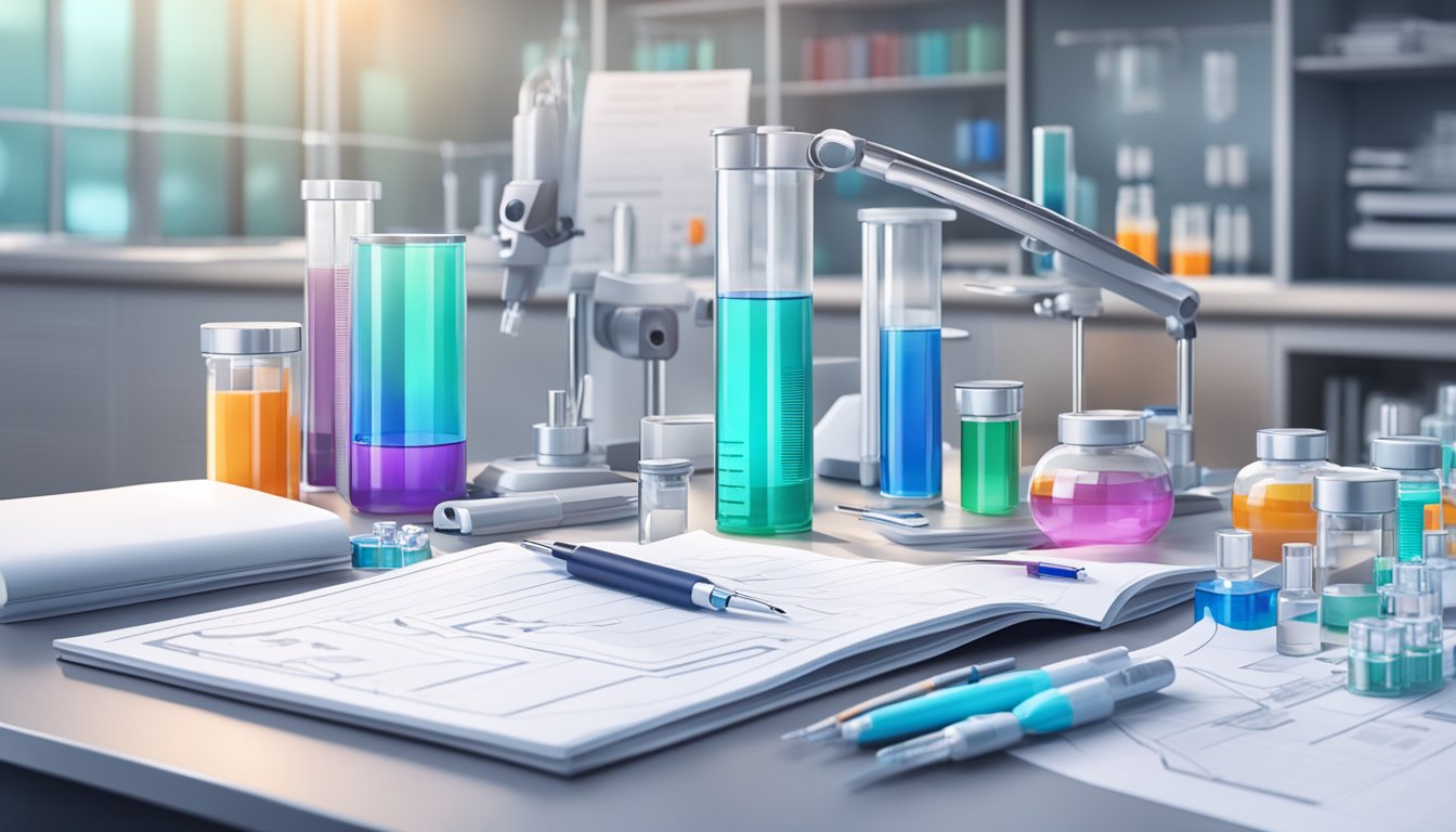 A lab table with vials of weight loss injections and research papers scattered around, with futuristic medical equipment in the background