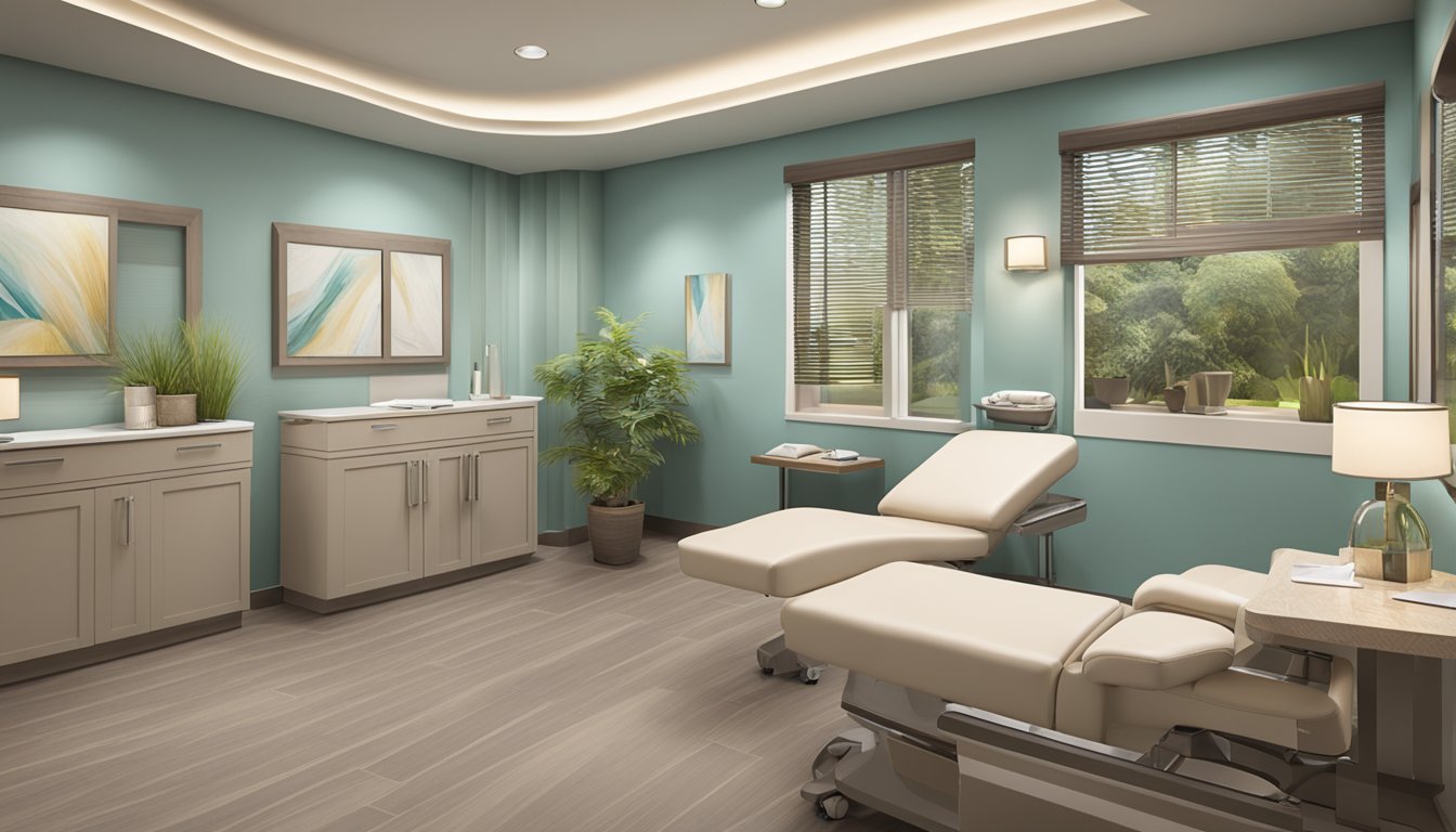 A serene medical spa setting with a calming color palette, modern decor, and a welcoming reception area. Treatment rooms feature comfortable furnishings and soft lighting