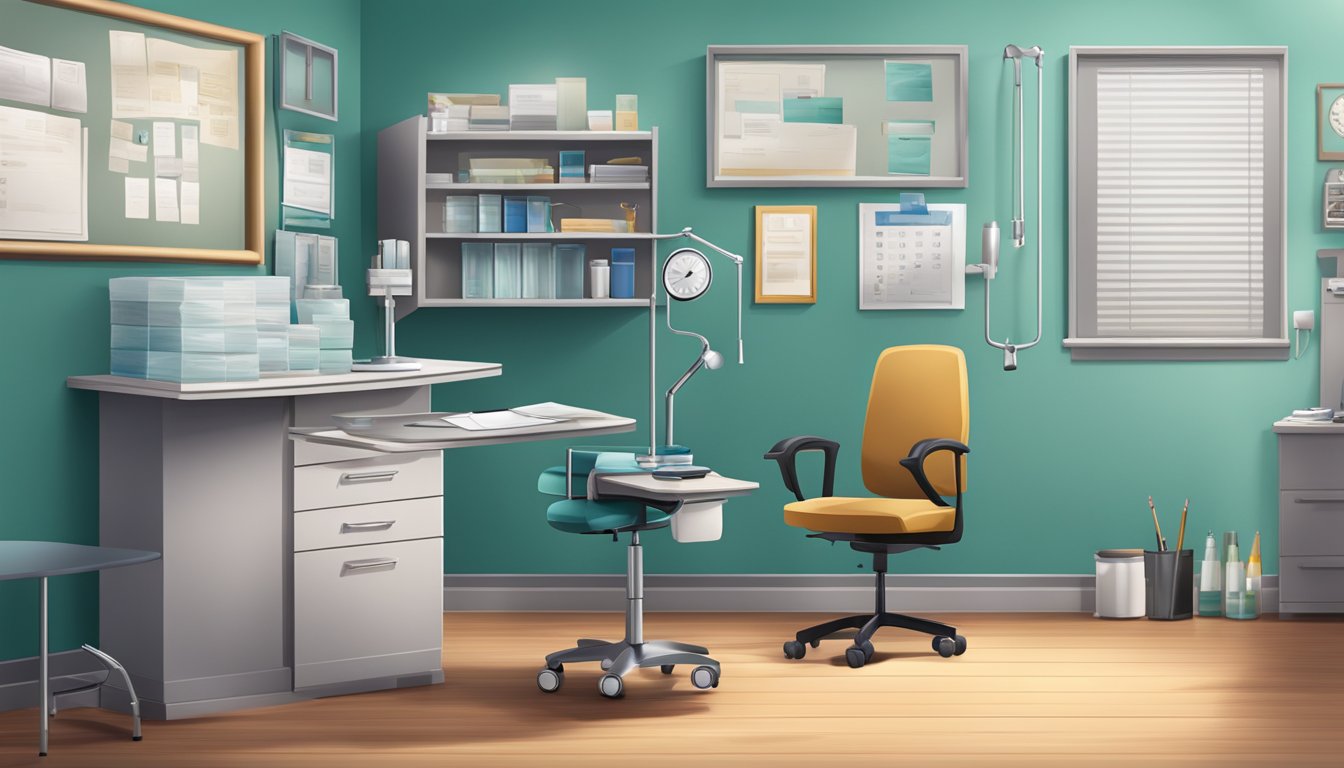 A doctor's office with a desk, chair, and medical supplies