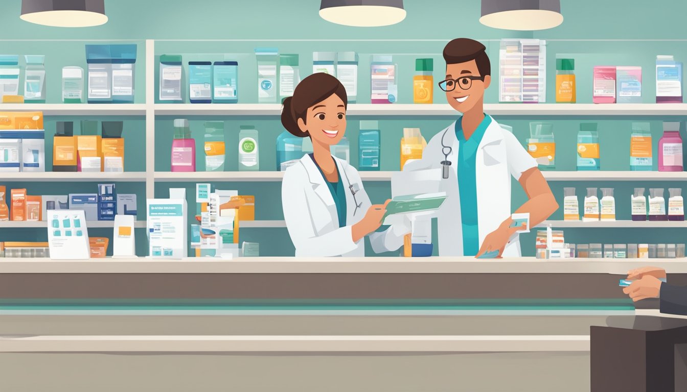 A pharmacist handing a prescription vial to a customer, with a sign displaying "Weight Loss Injections Available" and an insurance card on the counter