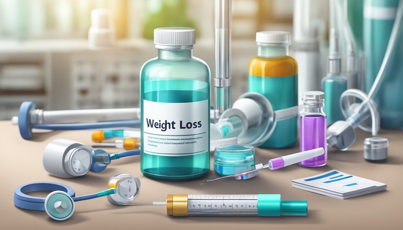 A vial of weight loss hormone injection surrounded by medical equipment and a clinical setting