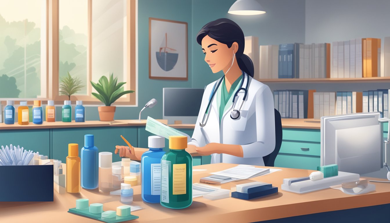 A doctor's office with a nurse preparing a syringe, vials of medication, and a patient's insurance card on the desk