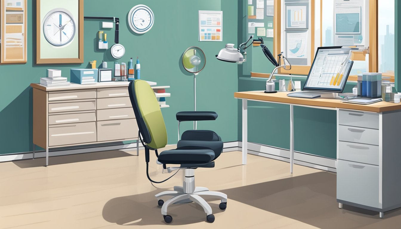 A doctor's office with a desk, chair, and medical supplies. A poster on the wall shows a diagram of the human body