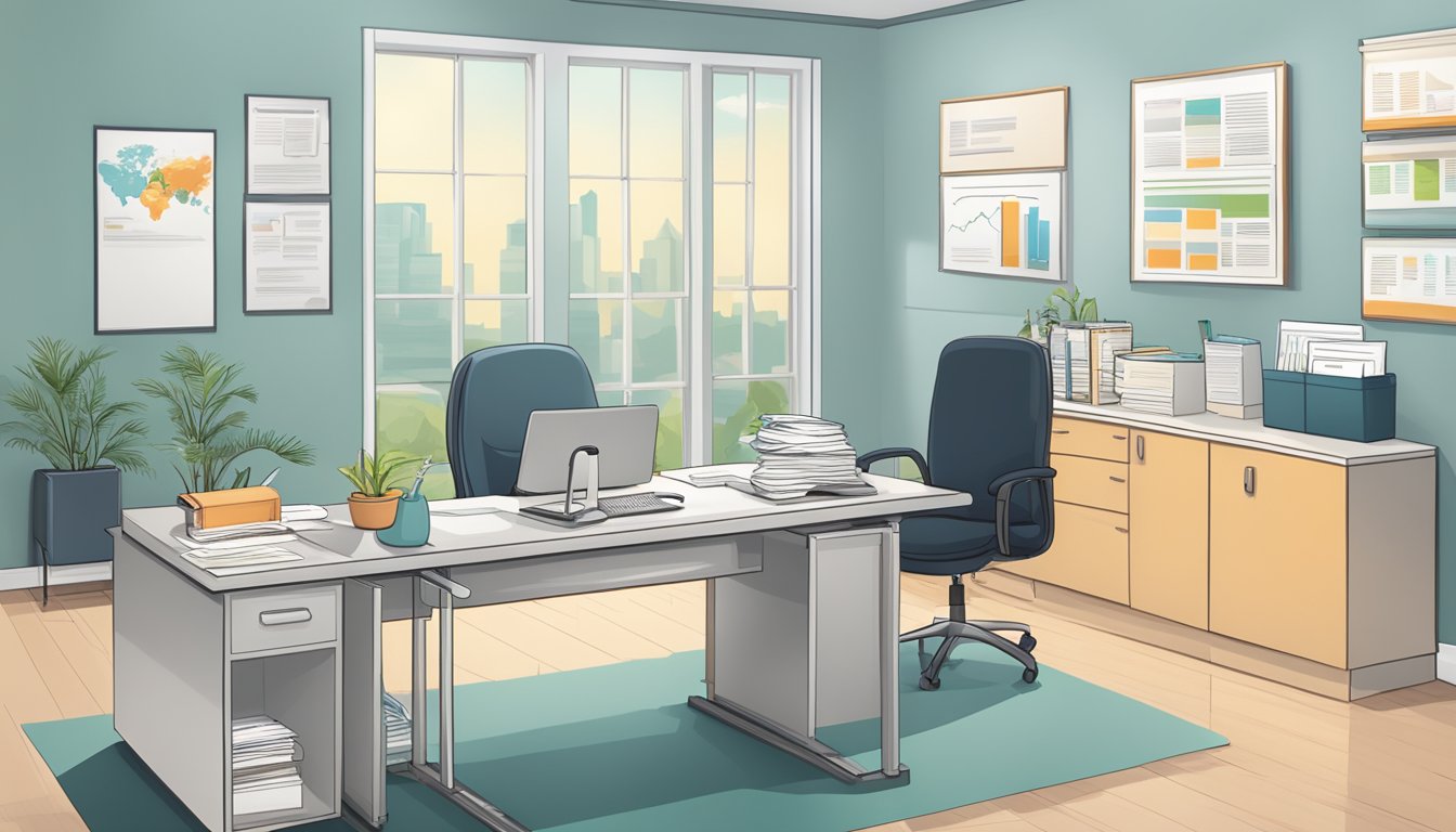 A serene and organized office setting with a desk displaying informational brochures and a sign promoting weight loss injections