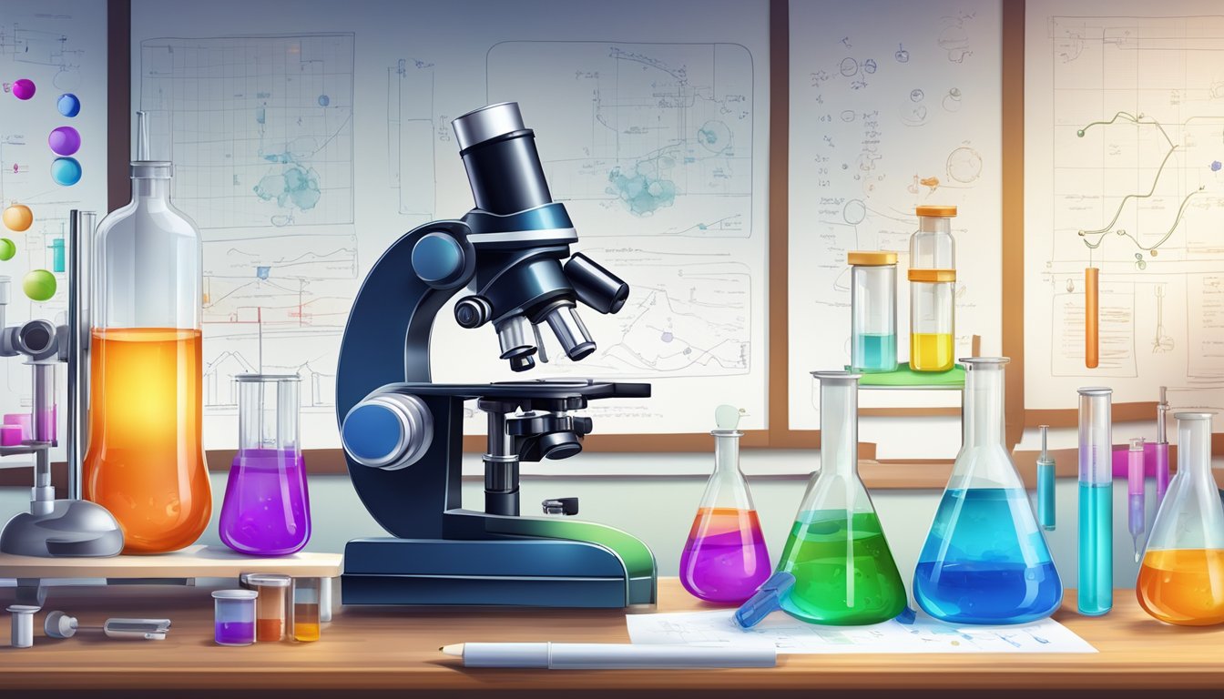 A laboratory setting with vials of colorful liquid, a microscope, and a whiteboard filled with scientific equations and diagrams