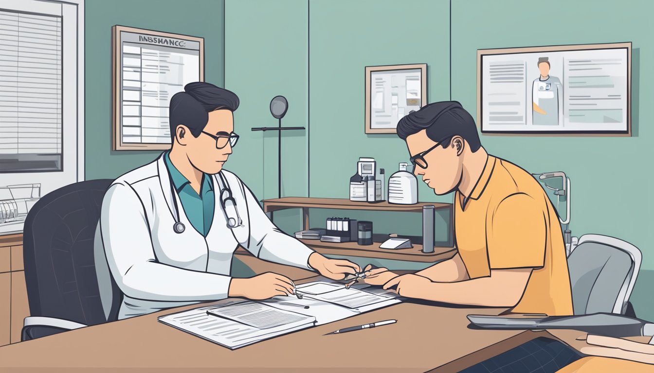 A person receiving a weight loss injection in a doctor's office, with insurance paperwork on the desk