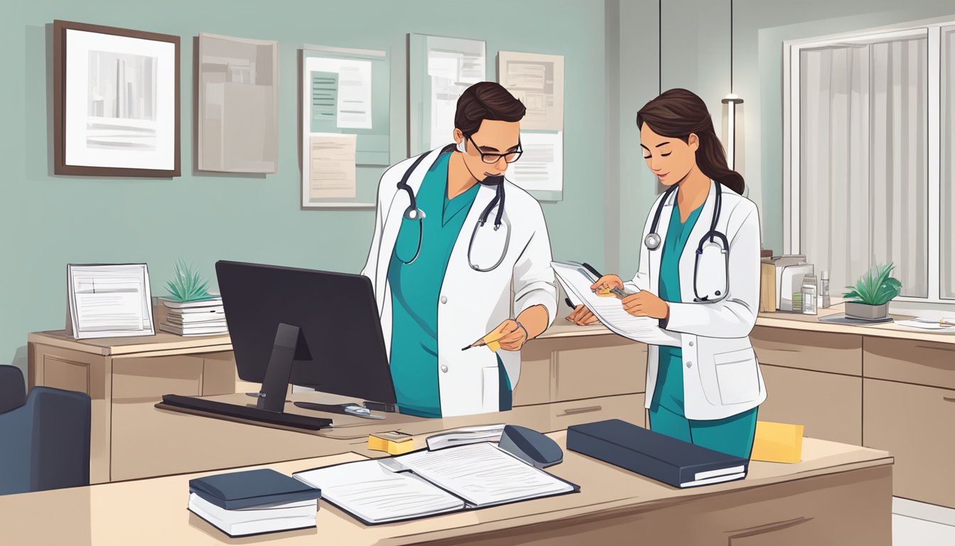 A doctor administering weight loss injections to a patient in a medical office, with insurance paperwork on the desk