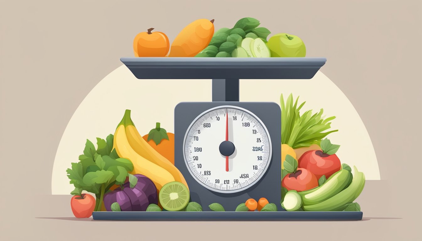 A scale surrounded by fresh fruits and vegetables, with exercise equipment in the background