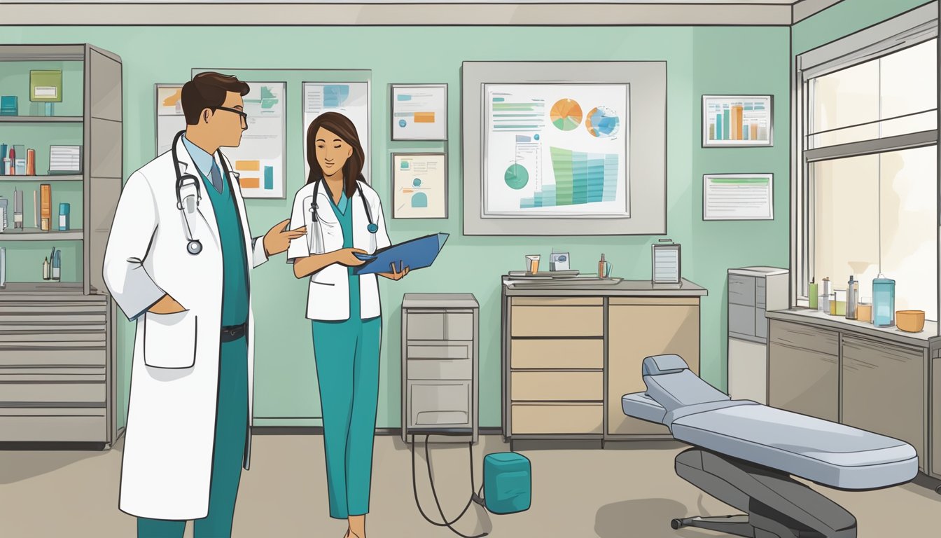 A doctor's office with a medical professional discussing weight loss injections with a patient. A chart on the wall shows eligibility and safety considerations