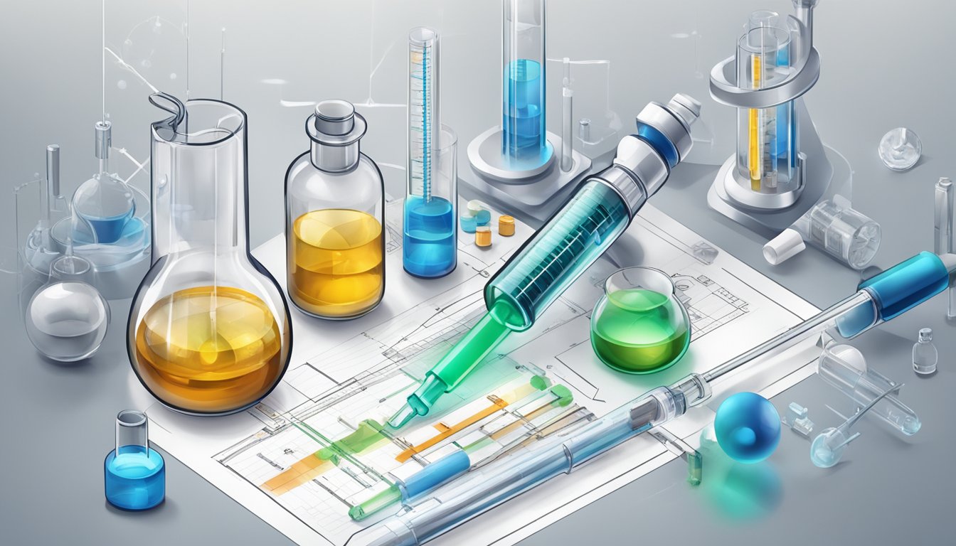 A syringe releasing liquid into a vial surrounded by scientific equipment and diagrams