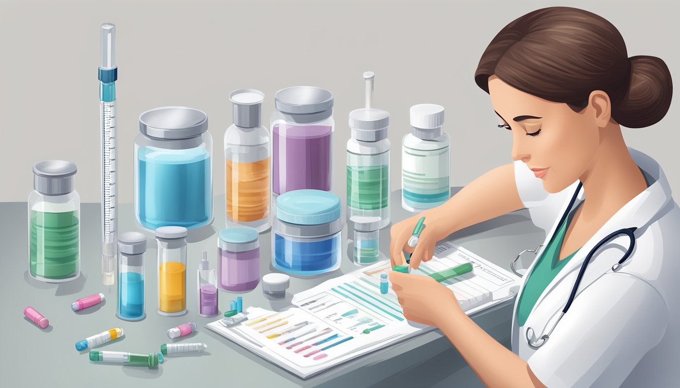 A nurse preparing a syringe with weight loss medication, next to a vial and dosage instructions