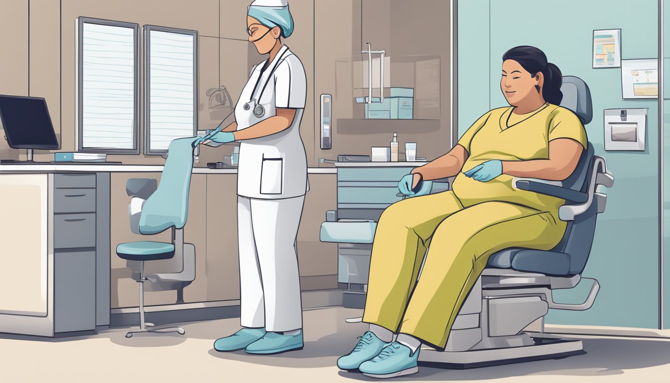 A modern clinic setting with a nurse administering a weight loss injection to a patient sitting in a comfortable chair