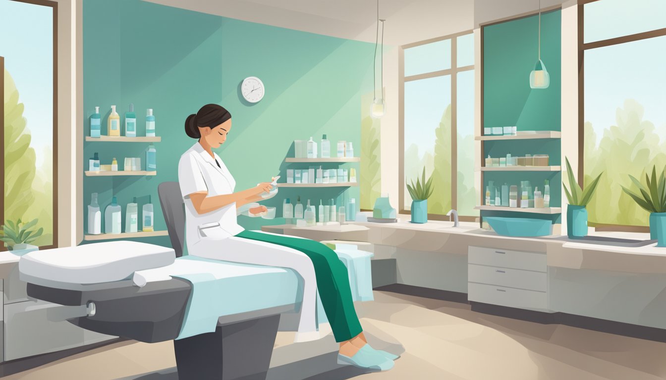 A serene spa setting with a nurse preparing a syringe in a clean, modern treatment room