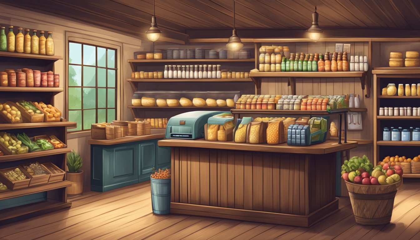 A quaint, rustic grocery store with shelves stocked with various goods, a cash register, and a friendly atmosphere