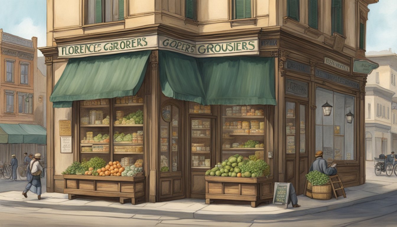 A quaint, wooden storefront with a hand-painted sign reading "Florence's Groceries" stands on a bustling street corner in 1905