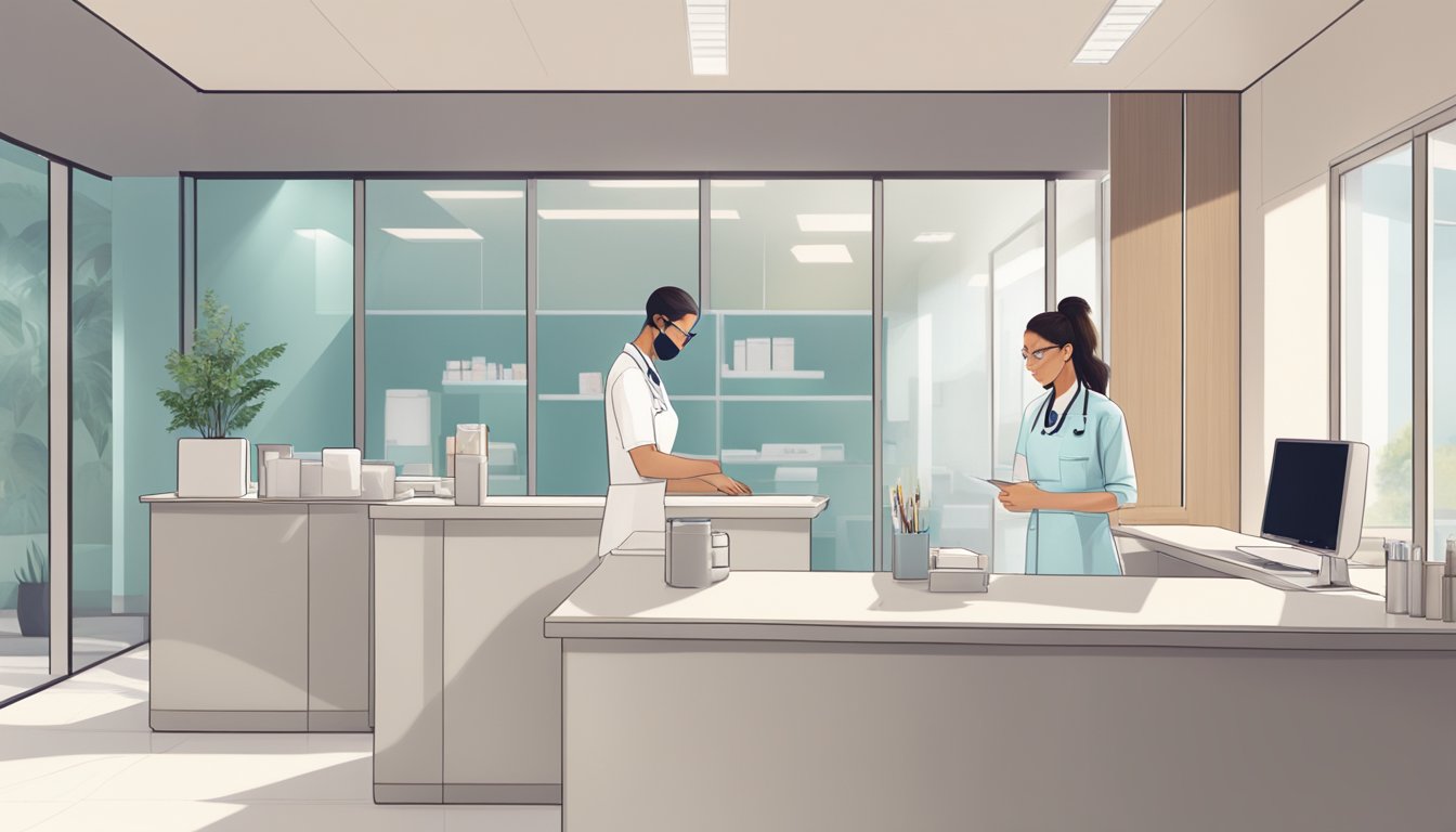 A serene, modern clinic with natural light and minimalist decor. A receptionist stands behind a counter, while a nurse prepares injections in a sterile, organized workspace