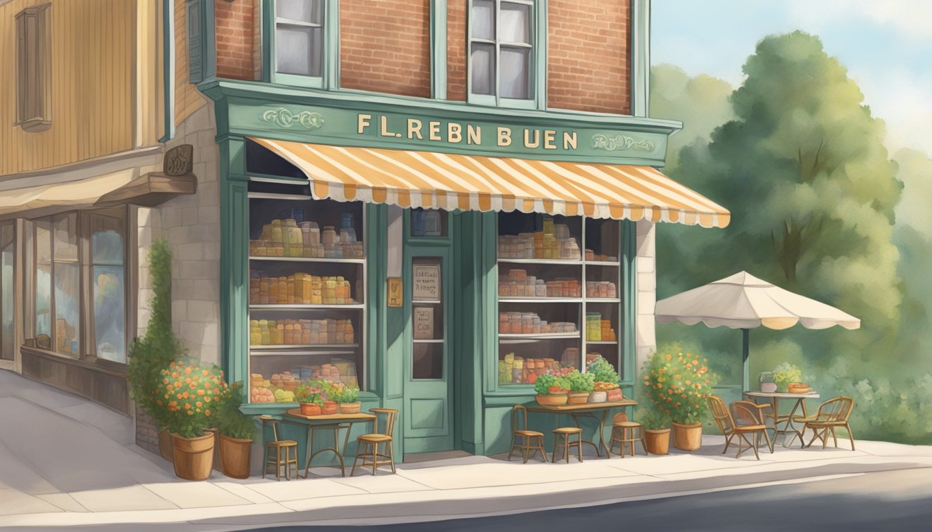 A quaint hillside cafe with a vintage storefront and a small grocery store nearby, symbolizing the birthplace of HEB by Florence Butt