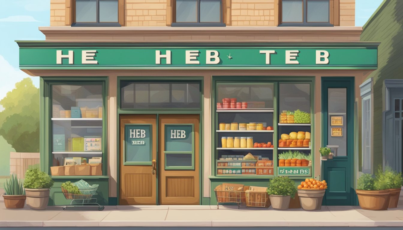 A quaint, vintage grocery store with wooden shelves and a cash register. A sign outside reads "HEB" in bold letters