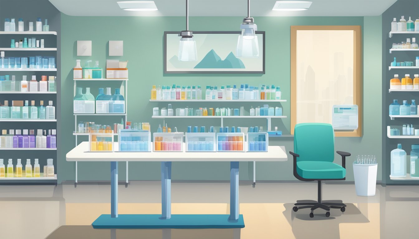 A clean, well-lit room with a table holding vials, syringes, and medical supplies. A poster on the wall provides guidance for injection usage