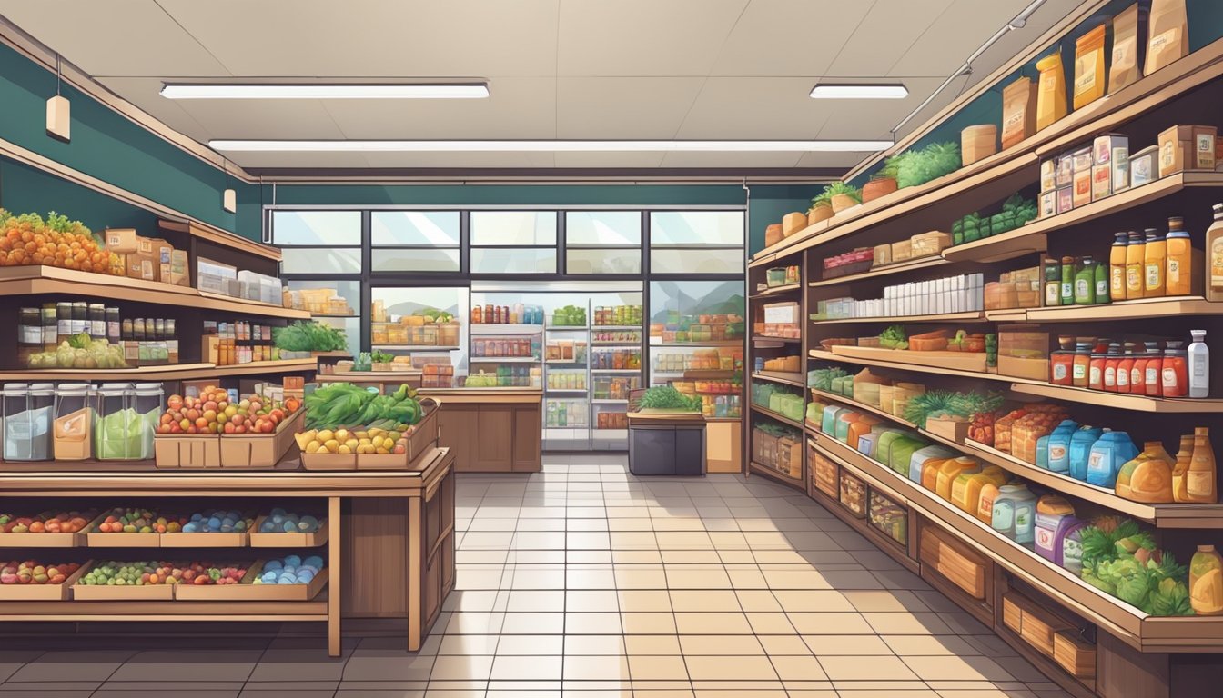 A bustling small grocery store with shelves stocked with various goods and a welcoming storefront