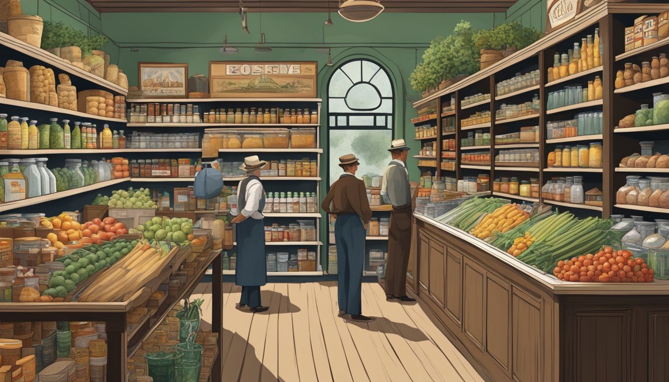 A bustling small grocery store in early 20th century Texas, with shelves stocked with various goods and a friendly atmosphere