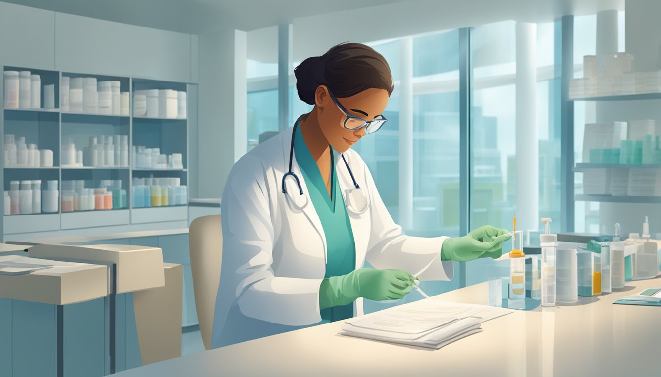 A medical professional preparing a syringe in a clean, well-lit clinic setting