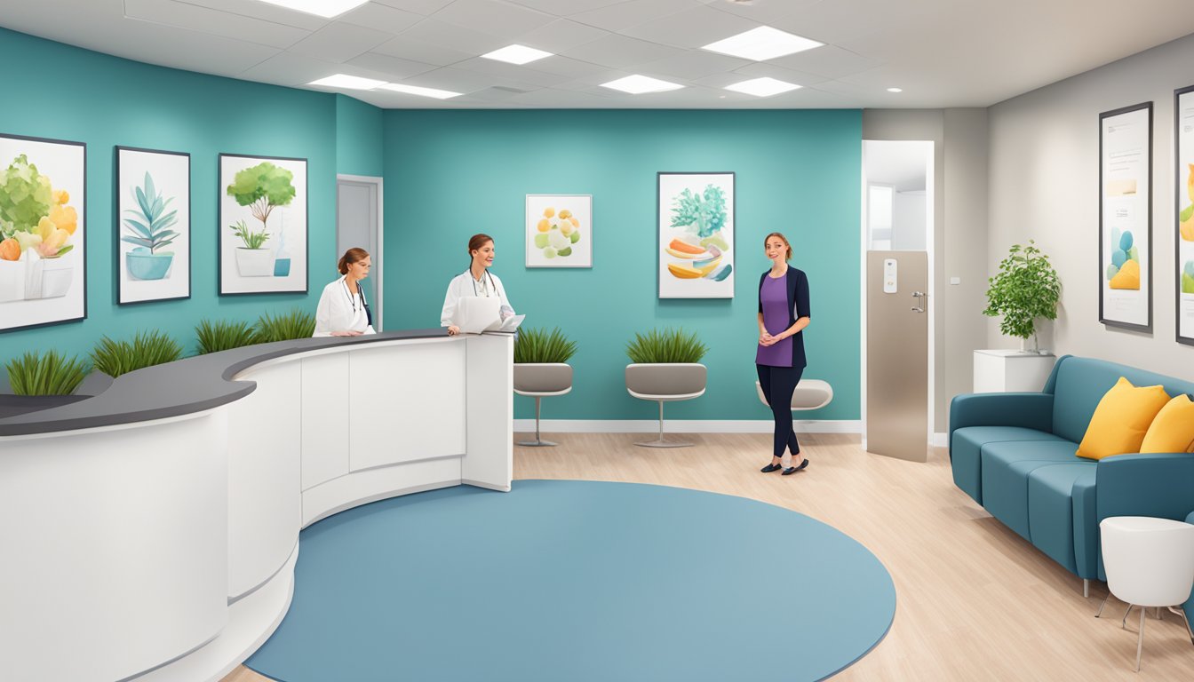 A bright and modern clinic setting with a welcoming reception area, professional staff, and before-and-after photos of successful weight loss clients on the walls