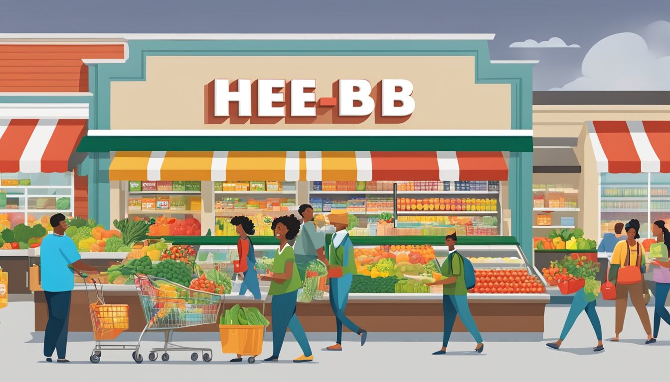 A bustling grocery store with the H-E-B logo prominently displayed, surrounded by a variety of fresh produce and happy customers