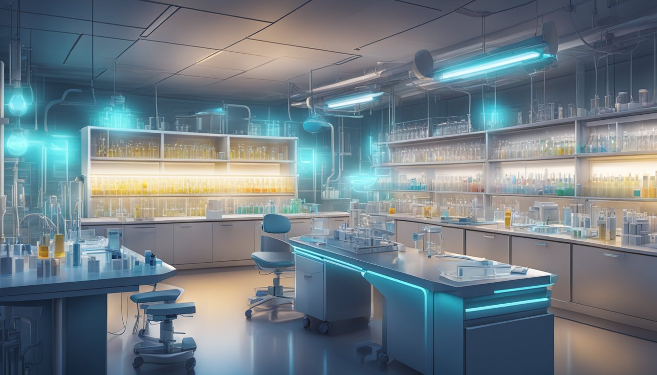 A futuristic medical lab with vials and syringes, glowing with a sense of hope and progress