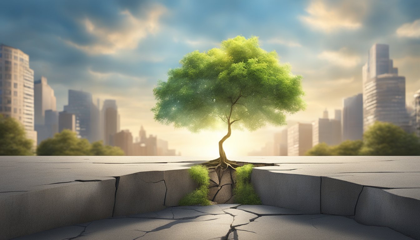 A lone tree growing from a crack in concrete, reaching towards the sunlight amidst a bustling cityscape