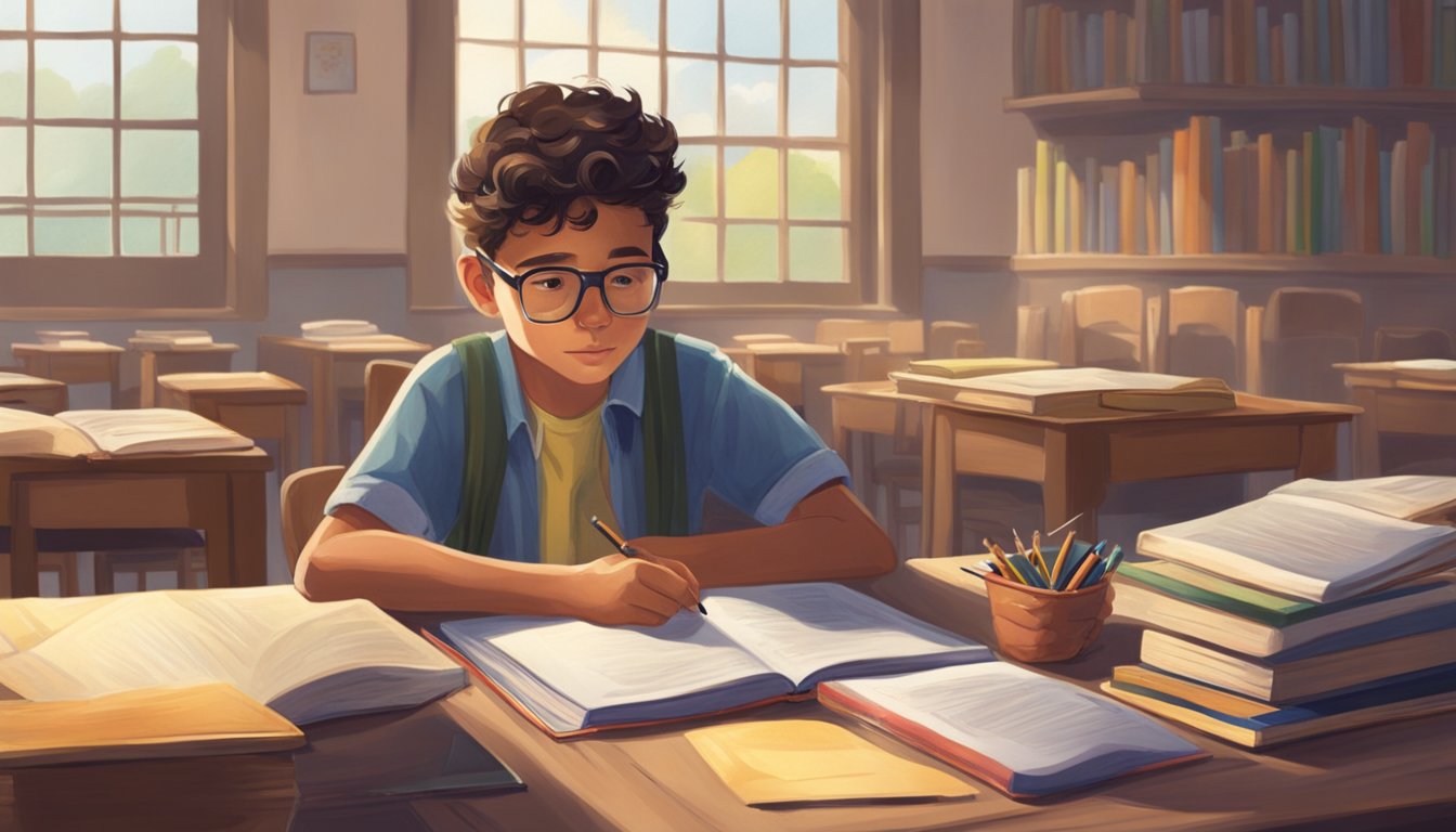 A young Charles Butt eagerly studies books and takes notes in a well-lit classroom. His determination is evident as he immerses himself in learning