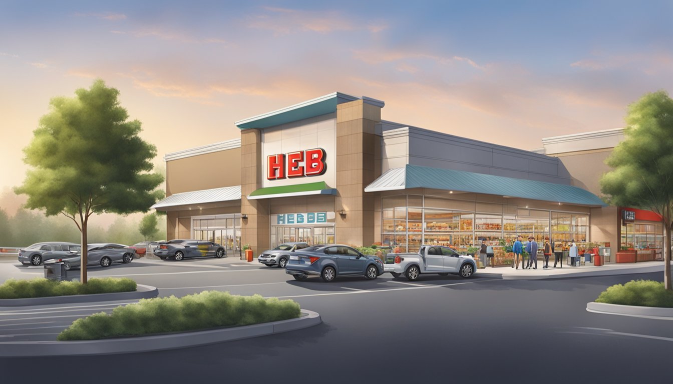 A bustling H-E-B grocery store with modern architecture and branding, showcasing a pioneering spirit in the industry