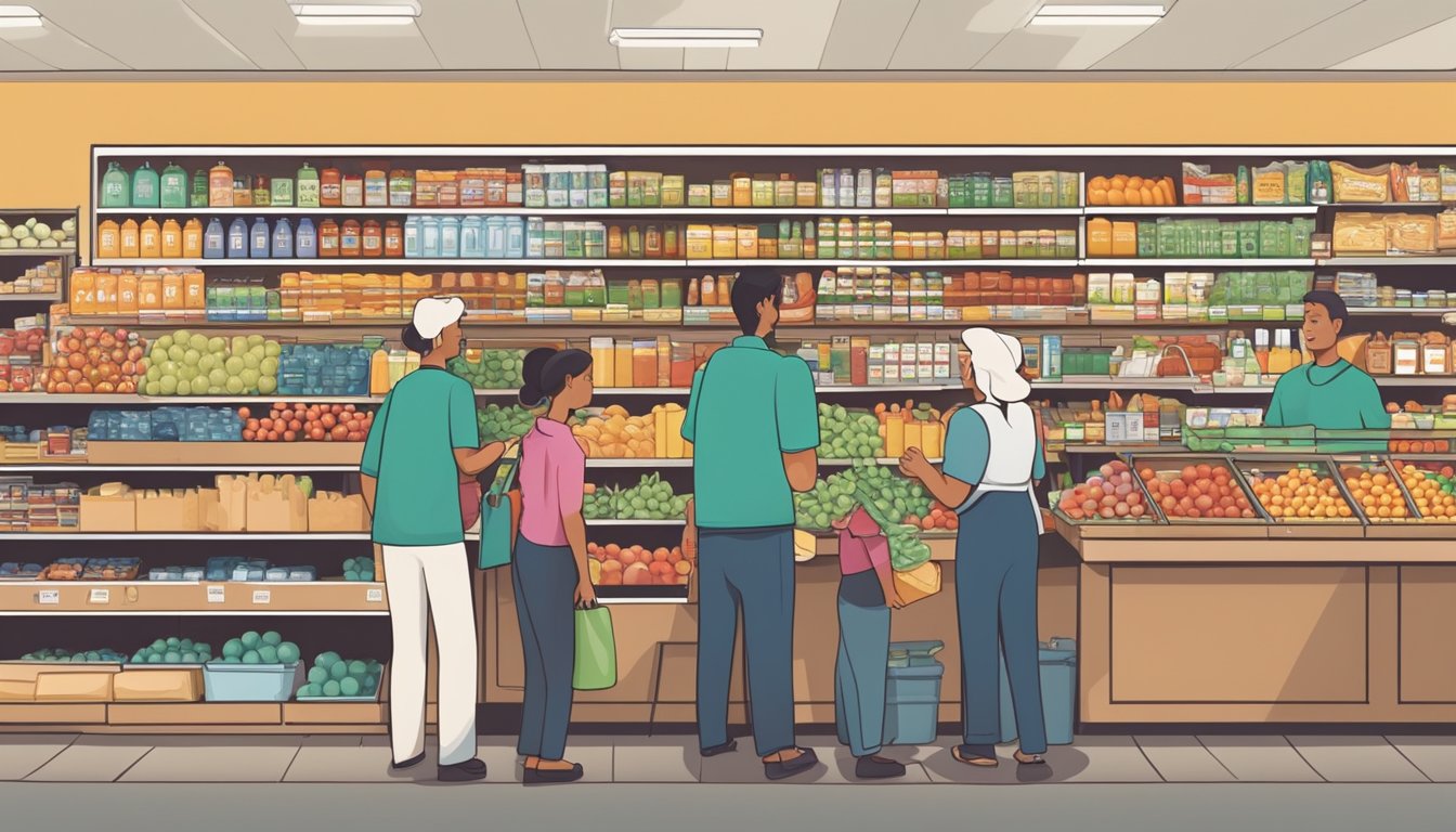 A bustling grocery store with employees working efficiently, shelves stocked, and customers being helped by friendly staff