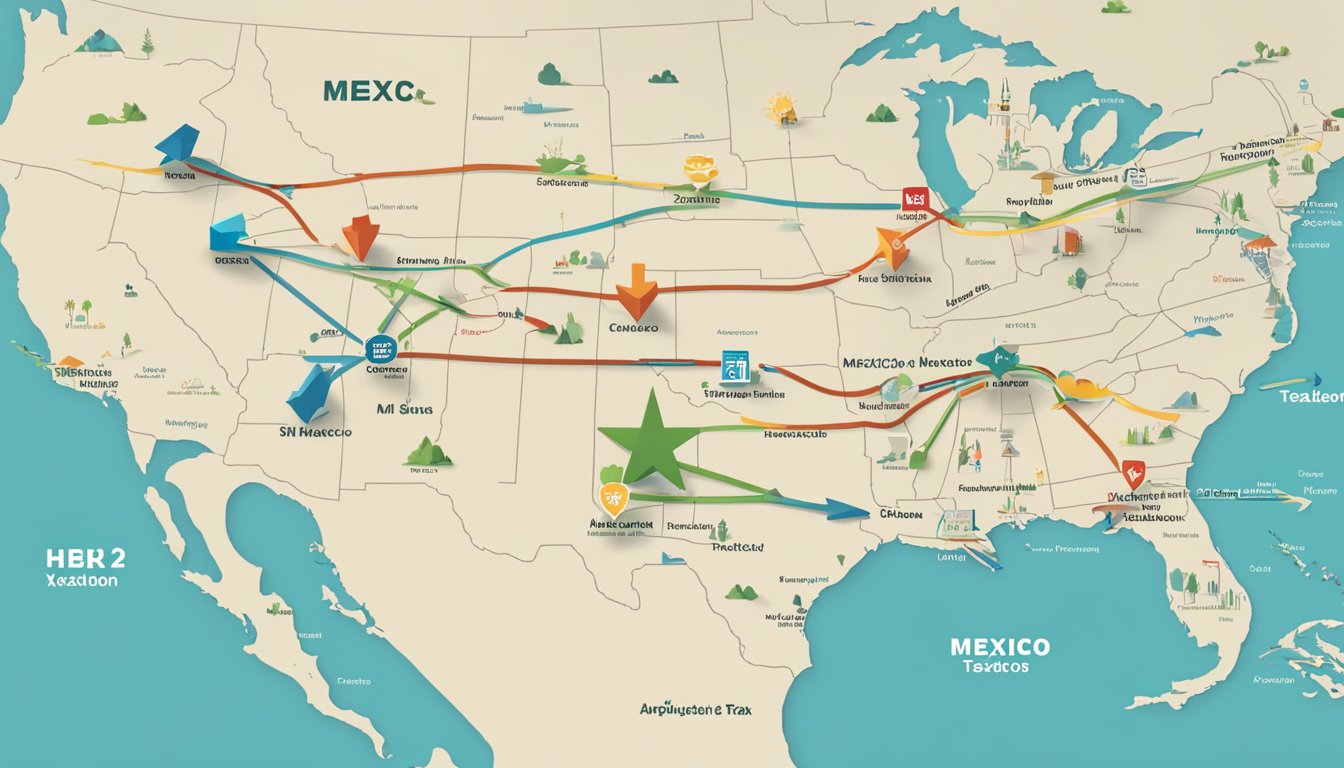 A map of Texas and Mexico with arrows pointing from Texas to various locations in Mexico, representing HEB's strategic expansion plan