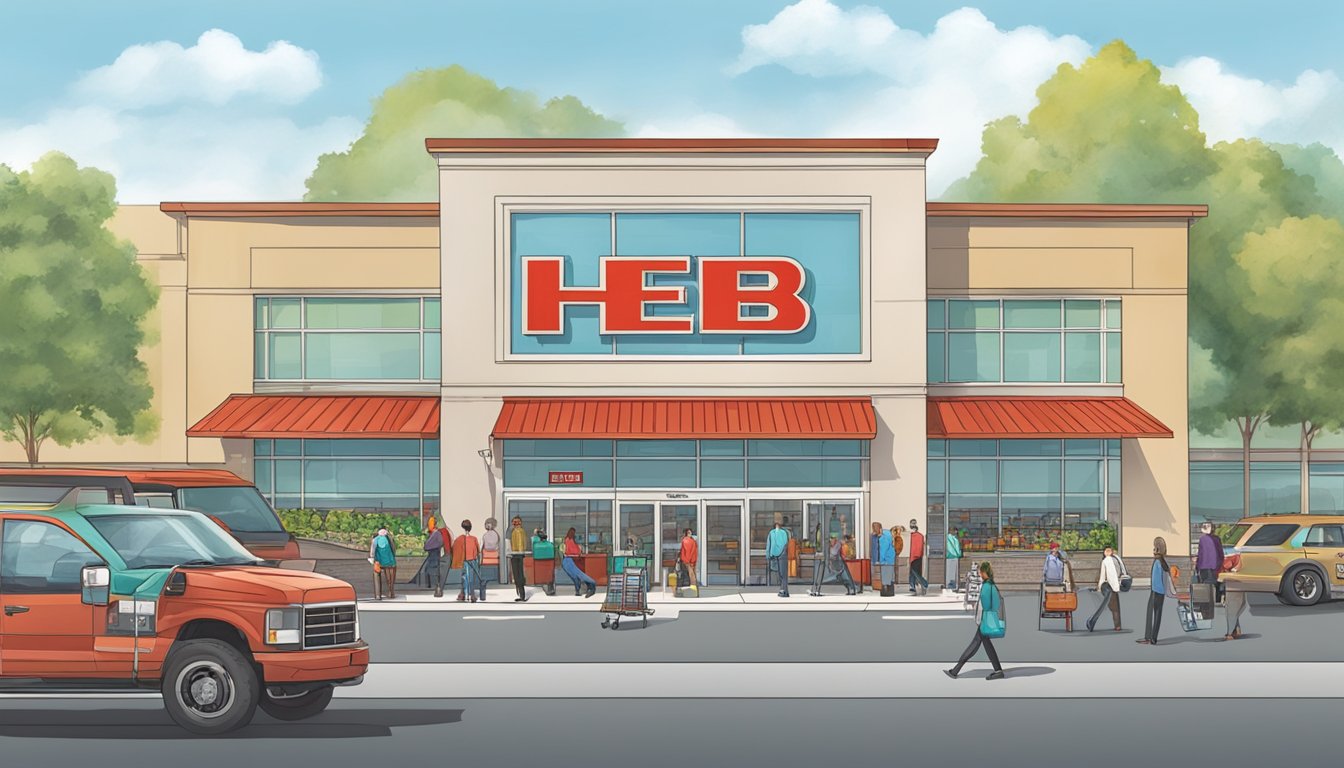 A modern grocery store with the HEB logo prominently displayed, surrounded by a bustling parking lot and customers entering and exiting the store