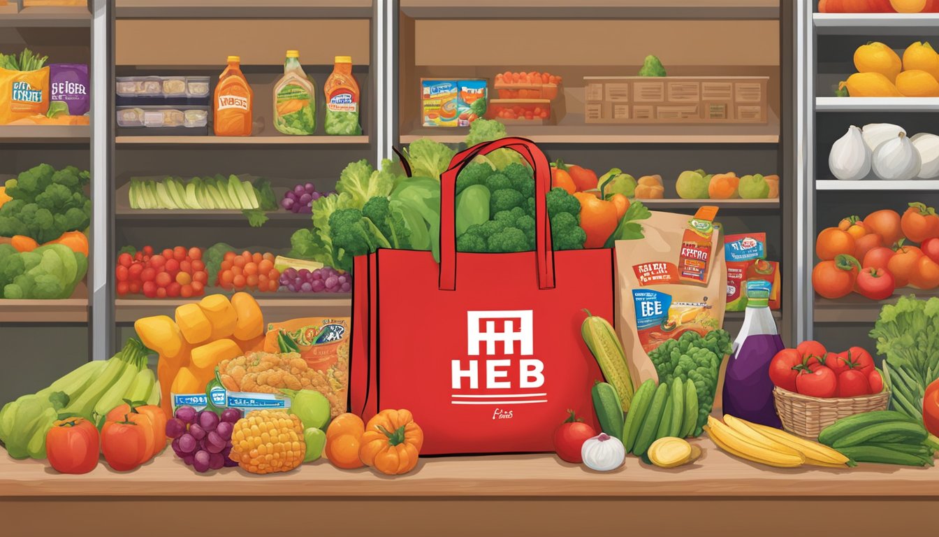 The H-E-B logo depicted on a red grocery bag, surrounded by fresh produce and shelves stocked with various food items