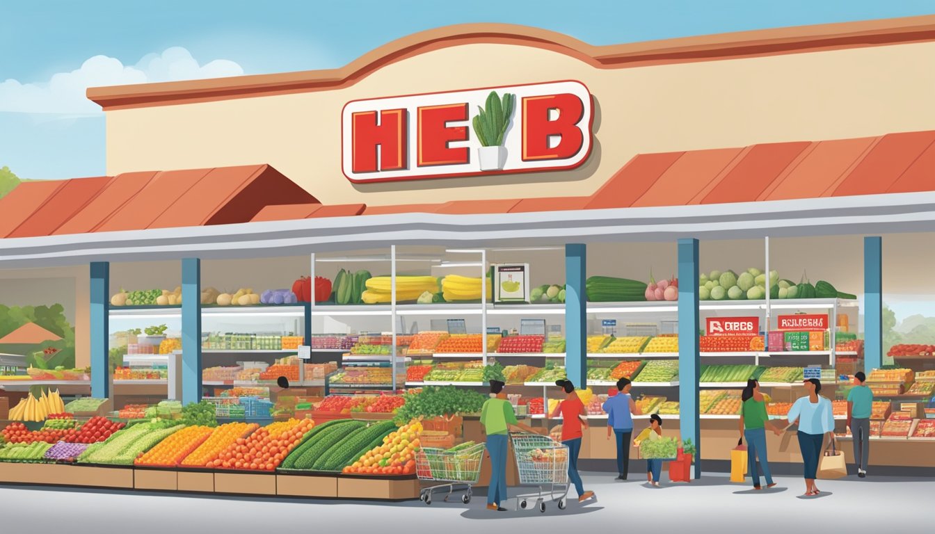 A bustling H-E-B store in Mexico, with colorful displays of fresh produce, shelves stocked with groceries, and customers browsing the aisles