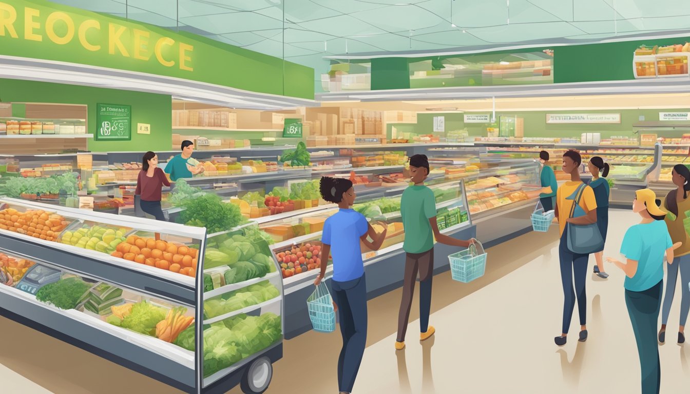 A bustling grocery store with eco-friendly practices and community engagement