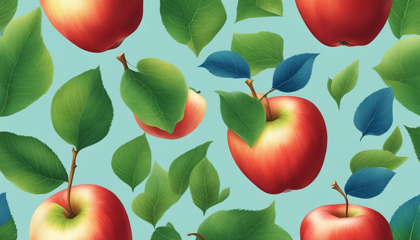 A bright red apple with a single bite taken out, surrounded by a green leaf and a blue background