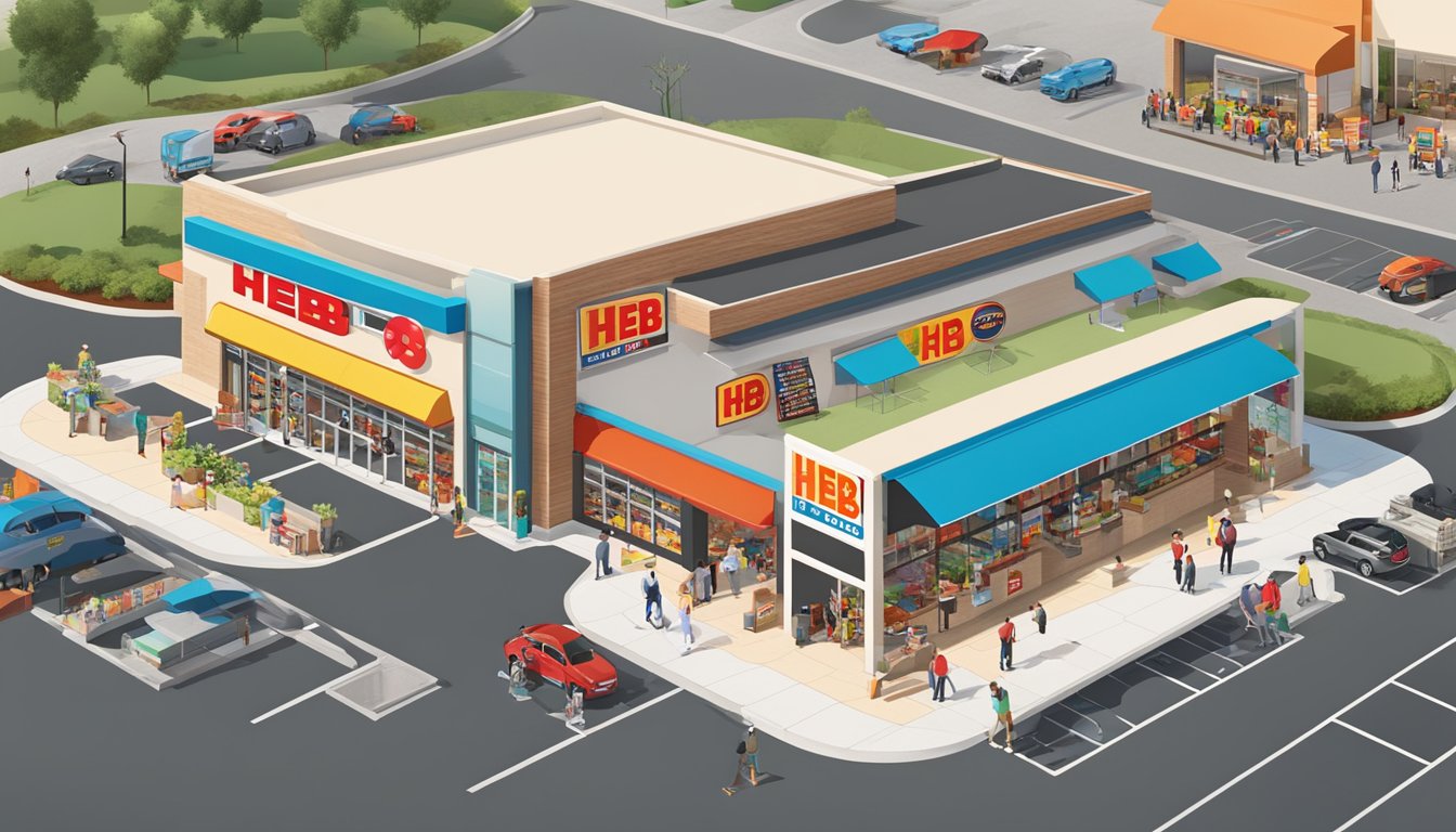 A bustling H-E-B store with a colorful logo prominently displayed on the exterior facade, surrounded by a diverse mix of happy customers and bustling employees