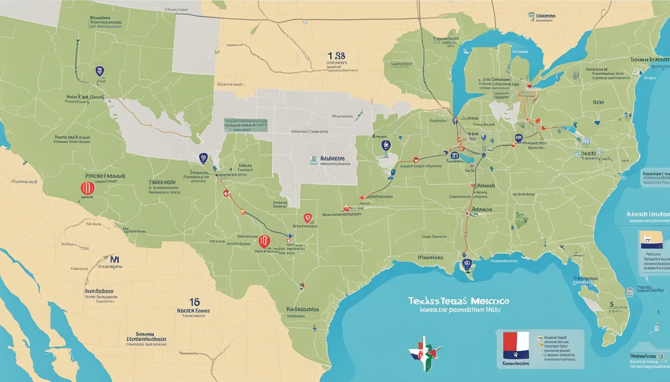 A map showing HEB's expansion from Texas into Mexico, with key locations highlighted and labeled