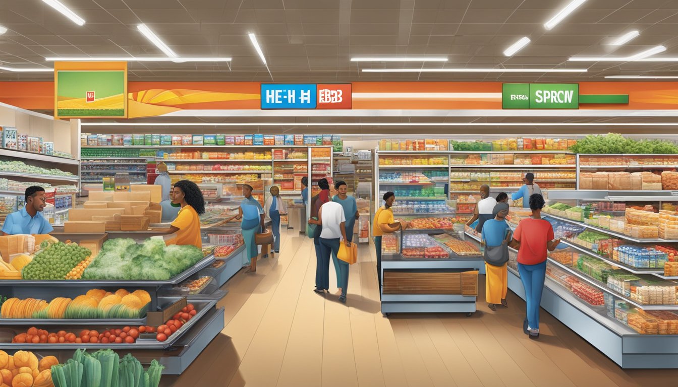 A bustling H-E-B store with diverse products and customers, symbolizing its impact on the national and global economy